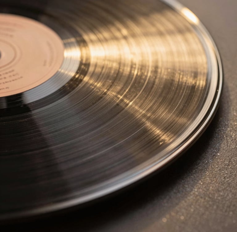 Macro shot of vinyl grooves under a warm gold spotlight, deep shadows, high-contrast, sharp geometric lines