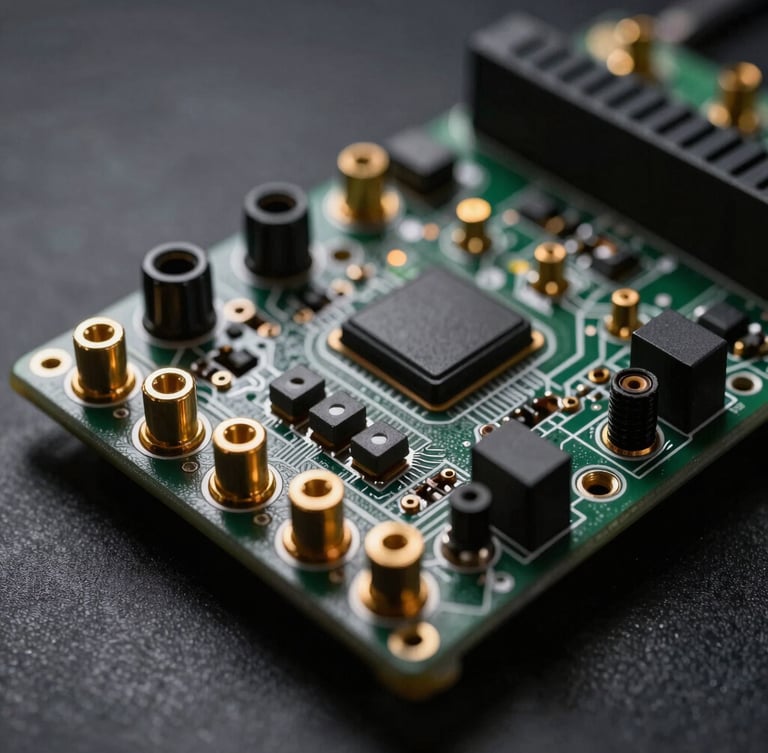 Macro close-up of a high-end solid-state logic soundboard, gold-plated connectors, low-key dramatic studio lighting with sharp contrasts