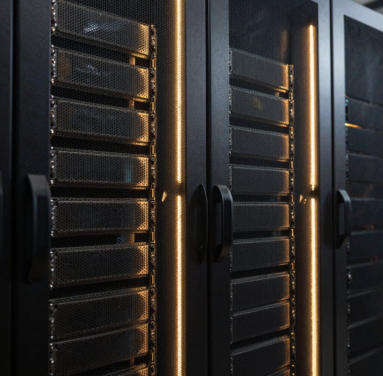 A close-up symmetrical shot of glowing server racks in a dark data center, sharp gold rim lighting reflecting off steel edges.