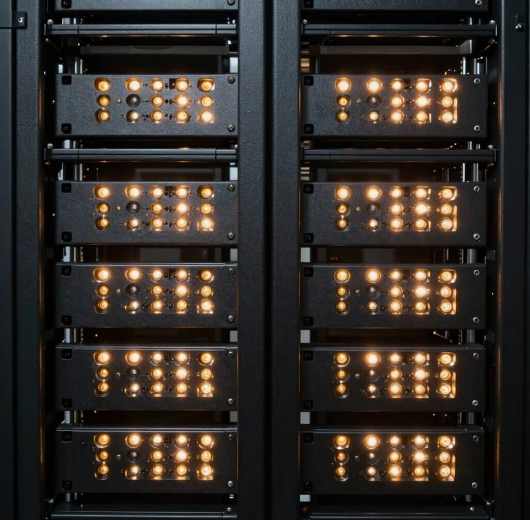 Symmetrical macro shot of high-density server racks, glowing warm gold indicator lights, dark metallic textures, architectural depth.
