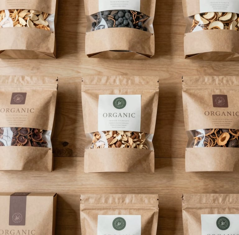 Overhead flat lay of high-quality packaged organic dry goods and sustainable cardboard boxes on a clean wooden surface, soft morning coastal light, earth tones.
