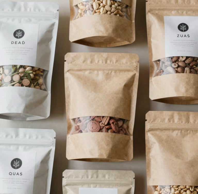 Overhead flat lay of high-quality packaged organic goods and clean sustainable packaging details, soft natural daylight, warm earth tones.
