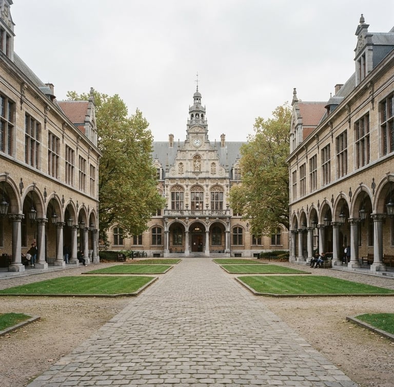 Wide-angle architectural symmetry of a historic European university courtyard, overcast Brussels daylight, soft scholarly shadows, 35mm film look