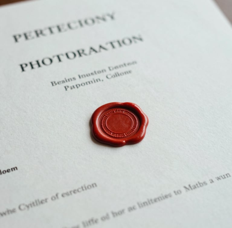 Close-up detail shot of an official academic transcript with a red wax registry seal, heavy paper texture, soft natural light