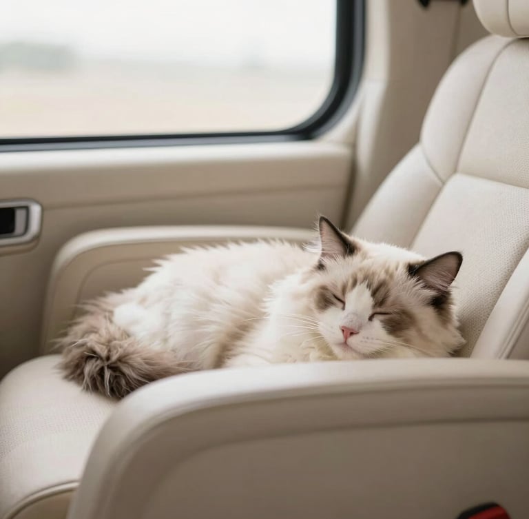 warm editorial photography, soft natural window light, gentle cream tones, shallow depth of field, 35mm. A fluffy Ragdoll kitten sleeping peacefully inside a modern, clean, climate-controlled vehicle cabin, surrounded by soft textures.