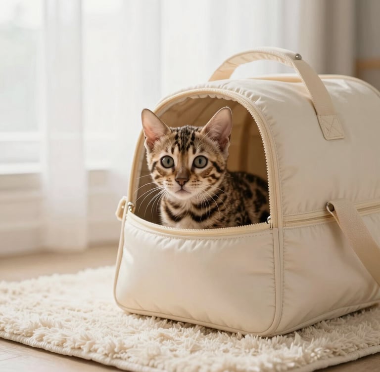 warm editorial photography, soft natural window light, gentle cream tones, shallow depth of field, 35mm. A cute Bengal kitten looking curiously out of a beautifully designed, soft travel carrier placed on a plush cream rug.