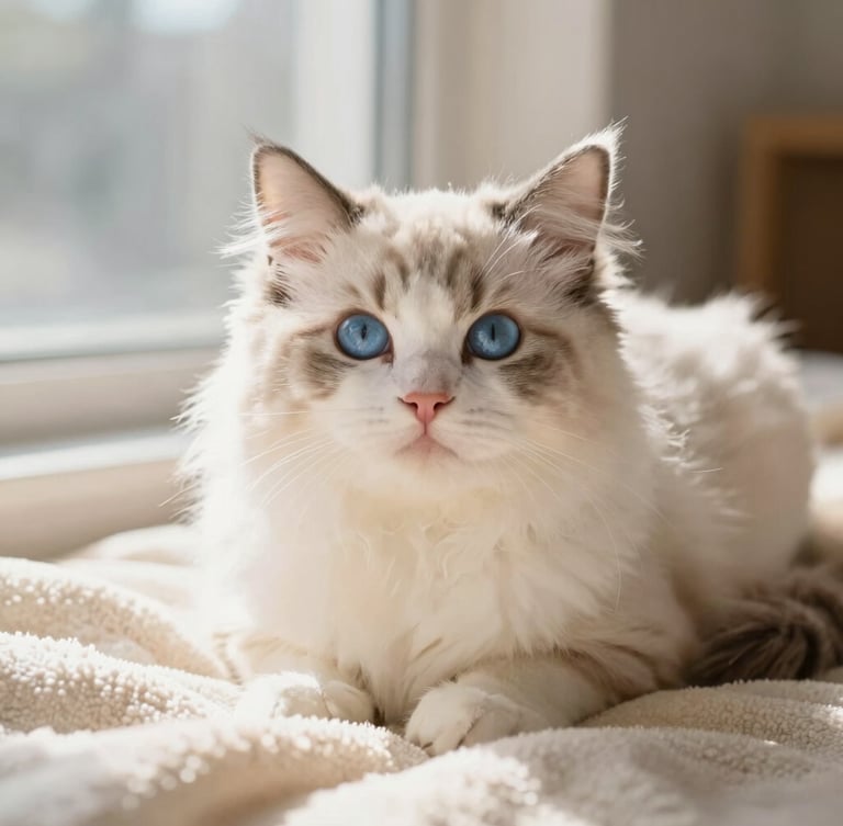 A warm, sunlit close-up portrait of a fluffy Ragdoll kitten with deep blue expressive eyes, resting on a soft cream blanket in a cozy domestic interior, natural window light, shallow depth of field, 35mm