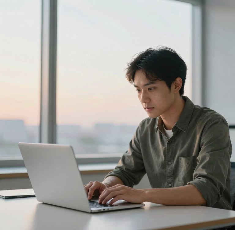 A medium shot of a digital strategist collaborating with a local business owner over a clean laptop screen, warm morning light, natural editorial photography