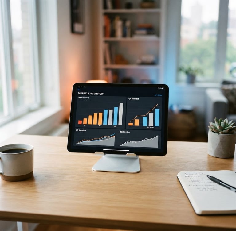 Modern editorial photography, a clean minimalist desk with a tablet showing clear growth metrics, natural window light with subtle orange and blue ambient glows, 35mm