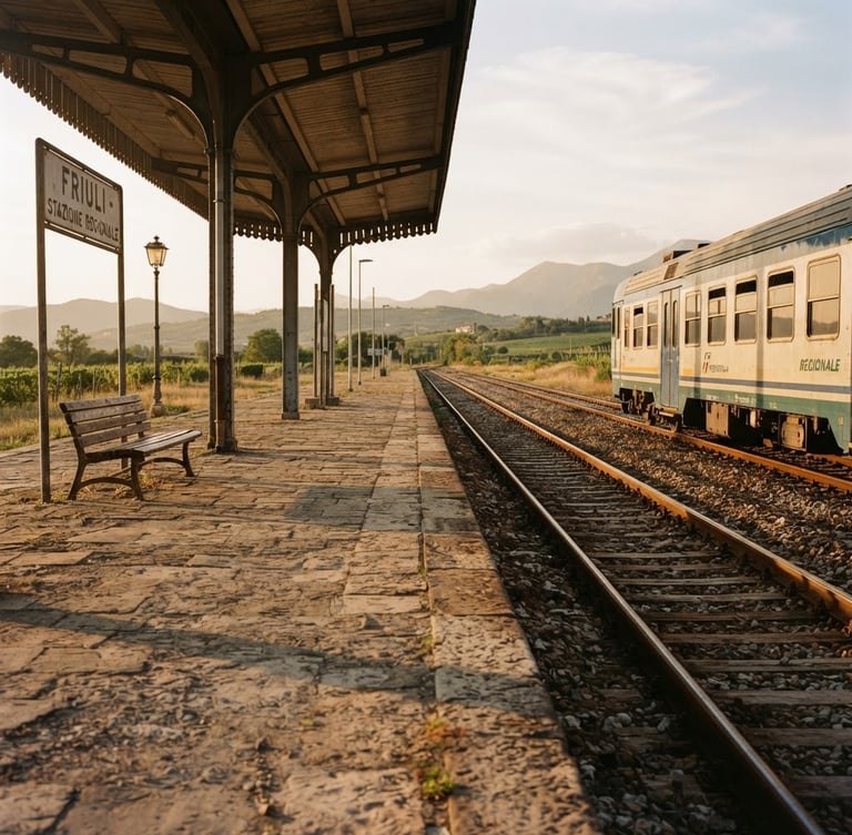 A quiet, empty regional train platform in Friuli at golden hour, warm soft sunlight casting long shadows across weathered stone, 35mm film aesthetic.