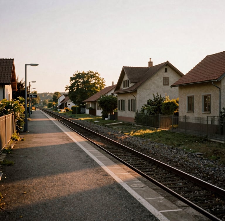 An empty train platform at golden hour in a quiet European village, warm natural light, soft shadows, 35mm film aesthetic