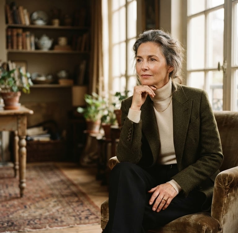 Editorial portrait of a sophisticated individual in a beautifully disheveled setting, wearing HIGH BROW apparel, warm natural window light, rich muted tones, 35mm film, expansive negative space to the left.