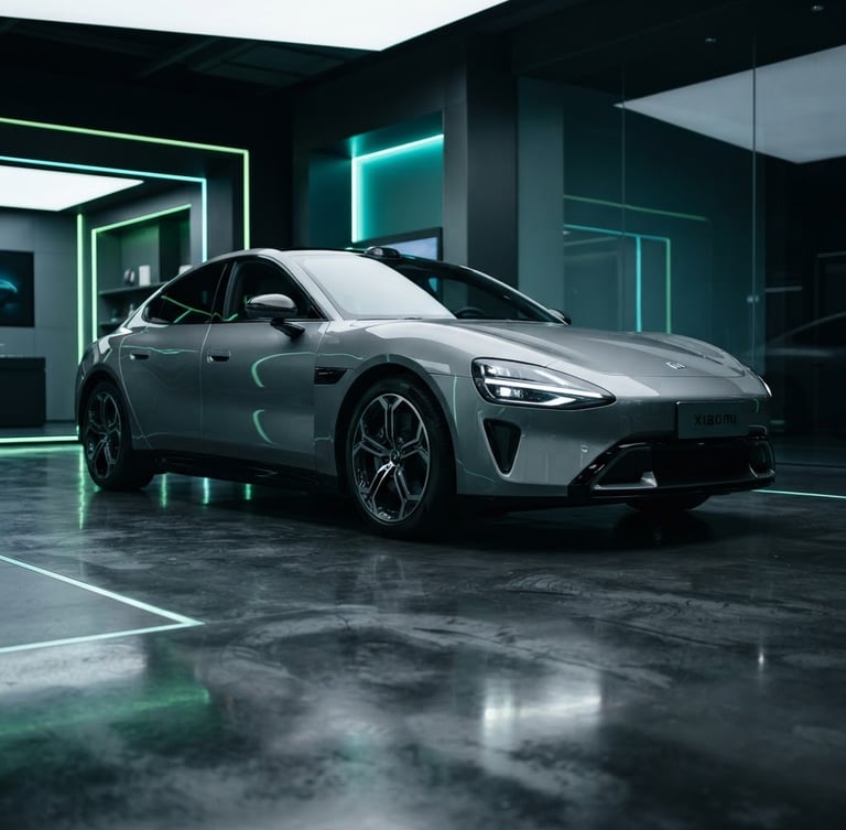 Sleek metallic gray Xiaomi SU7 parked inside a high-tech minimalist showroom with neon green and electric teal reflections, low-angle heroic shot, 35mm lens