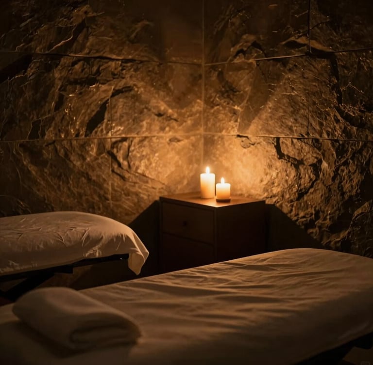 Low-lit serene treatment room with soft candlelight casting deep shadows on dark stone walls, rich bronze and gold tones, shallow depth of field, 35mm