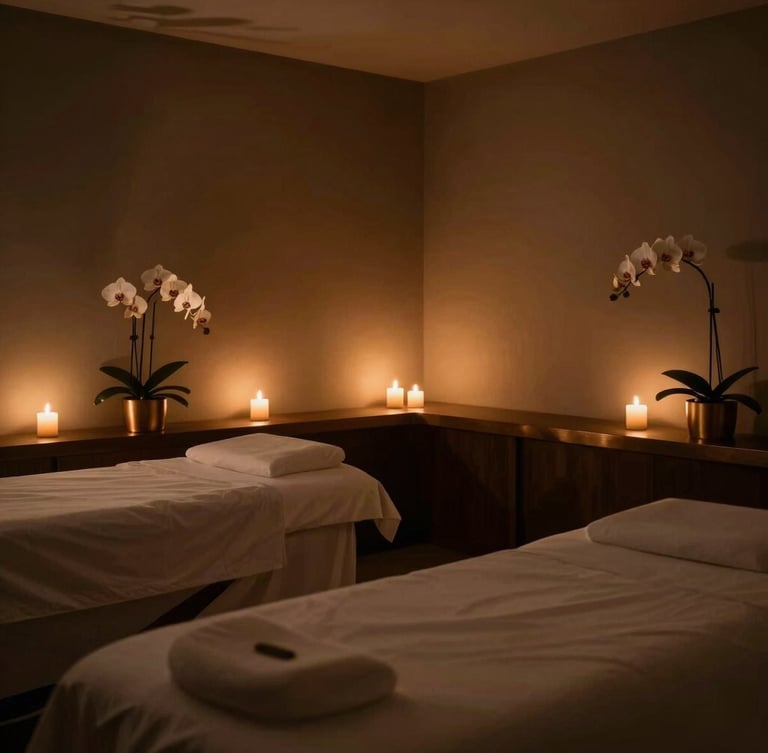 Low-lit serene treatment room with soft candlelight, minimalist bronze accents, orchids, and deep shadows, wide empty peaceful room shot, 35mm
