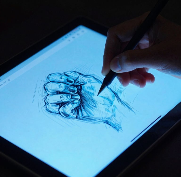 Extreme close-up of a hand sketching on an Android tablet, neon blue interface glowing in a dark studio, sharp screen reflections, moody ambient backlighting