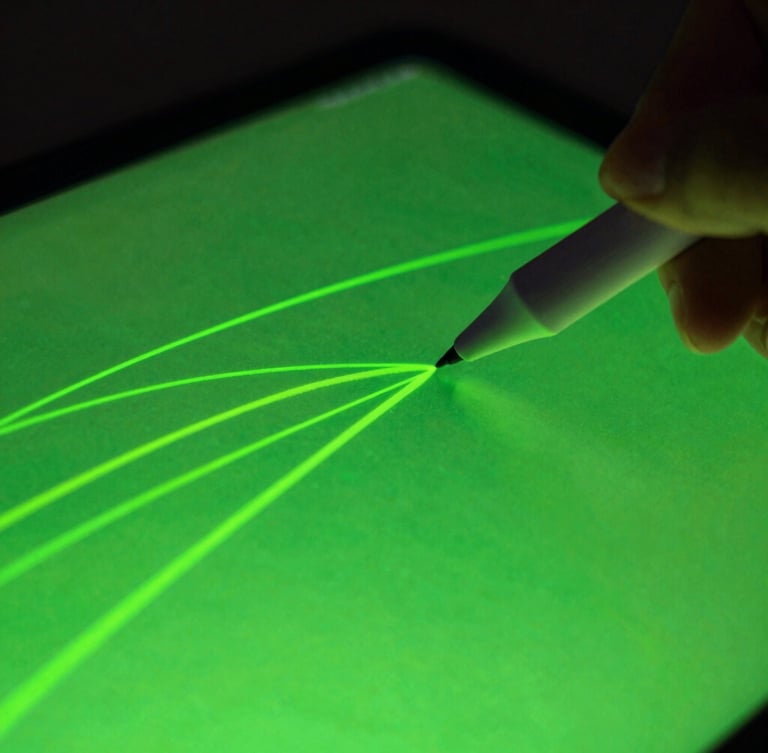 Macro close-up of an Android tablet screen showing vibrant neon green vector lines being drawn with a stylus, dark ambient backlighting, 35mm depth of field.