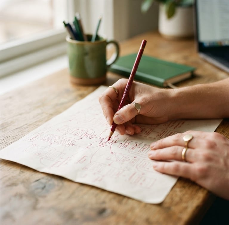 Close-up environmental shot of hands sketching user flows on textured paper, soft diffused daylight, warm wood table, rich crimson pencil accent, shallow depth of field, 35mm
