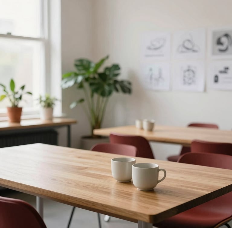 A bright, clean Scandinavian design studio interior with warm oak tables, simple ceramic cups, soft diffused daylight streaming through large windows, green plants, and sketches on the wall, shallow depth of field, 35mm