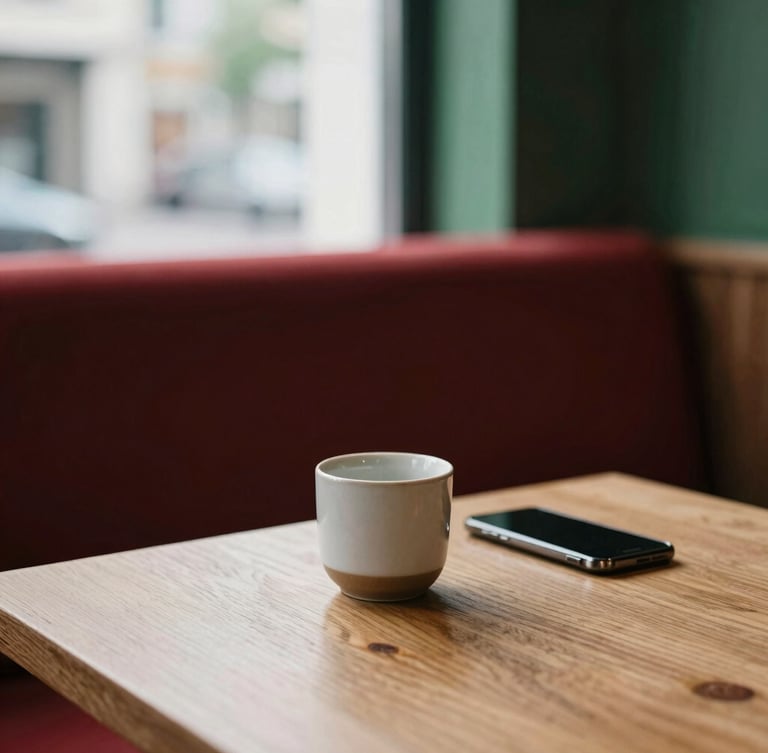 Scandinavian style cafe interior, soft daylight streaming through a window onto a textured oak table with a simple ceramic cup and a smartphone, shallow depth of field, 35mm