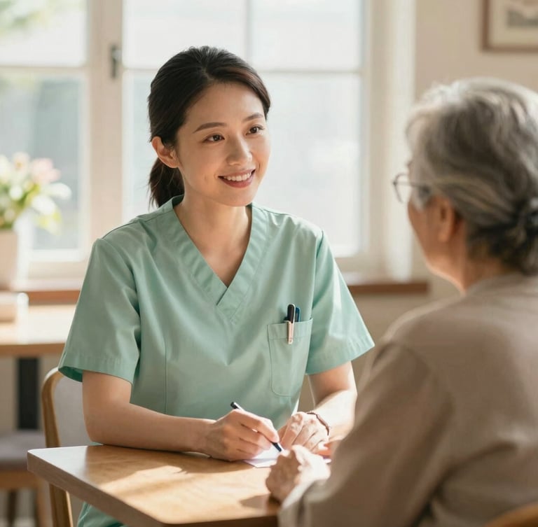 Warm editorial photography of a professional nurse in a soft green top talking gently with an elderly patient in a sunlit dining room, warm natural window light, shallow depth of field, authentic interaction