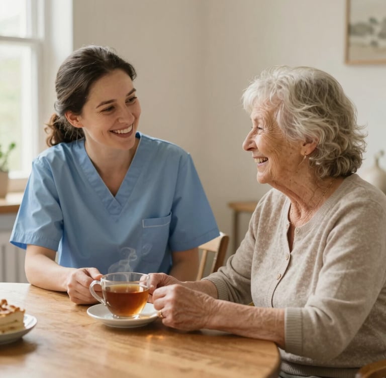 Warm editorial photography of a friendly Dutch caregiver in her 30s sitting at a wooden dining table with an elderly woman, sharing a laugh over fresh tea, soft natural window light, warm cream interior.