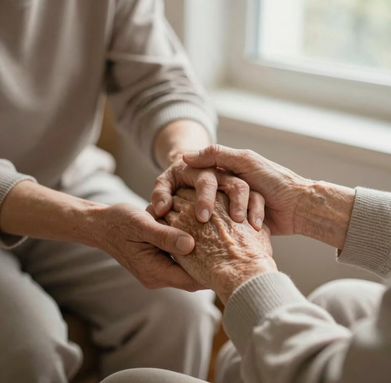A close-up of a caregiver's supportive hand gently holding an elderly client's hand. Warm morning window light illuminates the soft textures of their clothing, capturing a quiet, comforting moment of connection.