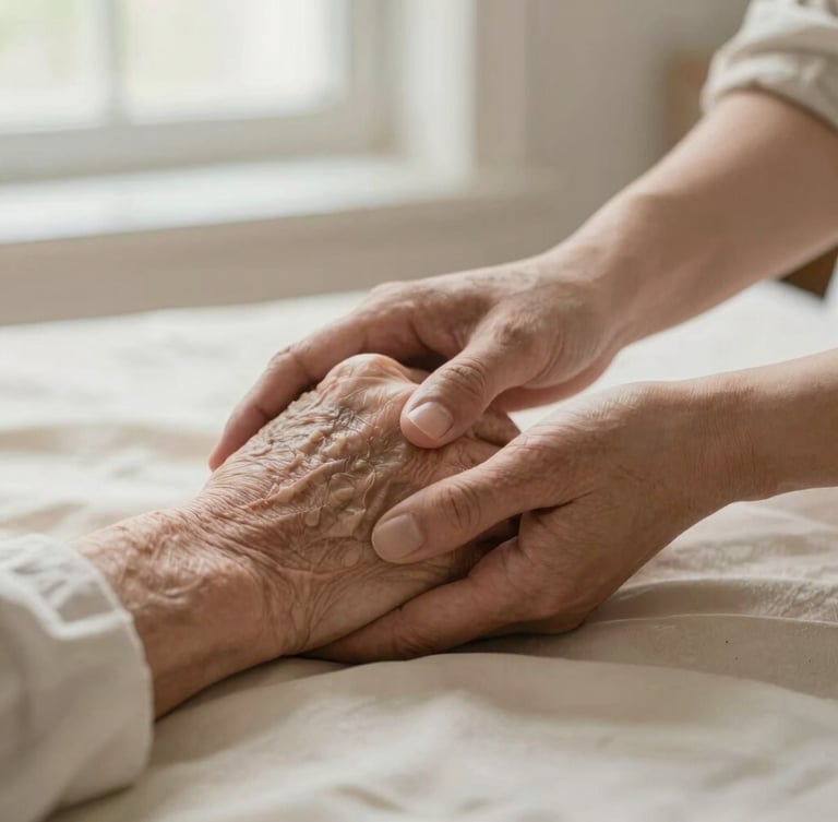 Close-up of supportive hands: a caregiver gently holding the weathered hand of an elderly person on a soft cream fabric background, warm morning light, shallow depth of field.