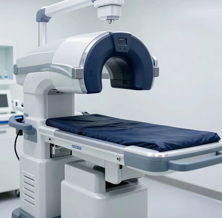 High-end medical imaging machinery, clean clinical setup, silver and deep navy tones, bright cool daylight, professional clinical environment