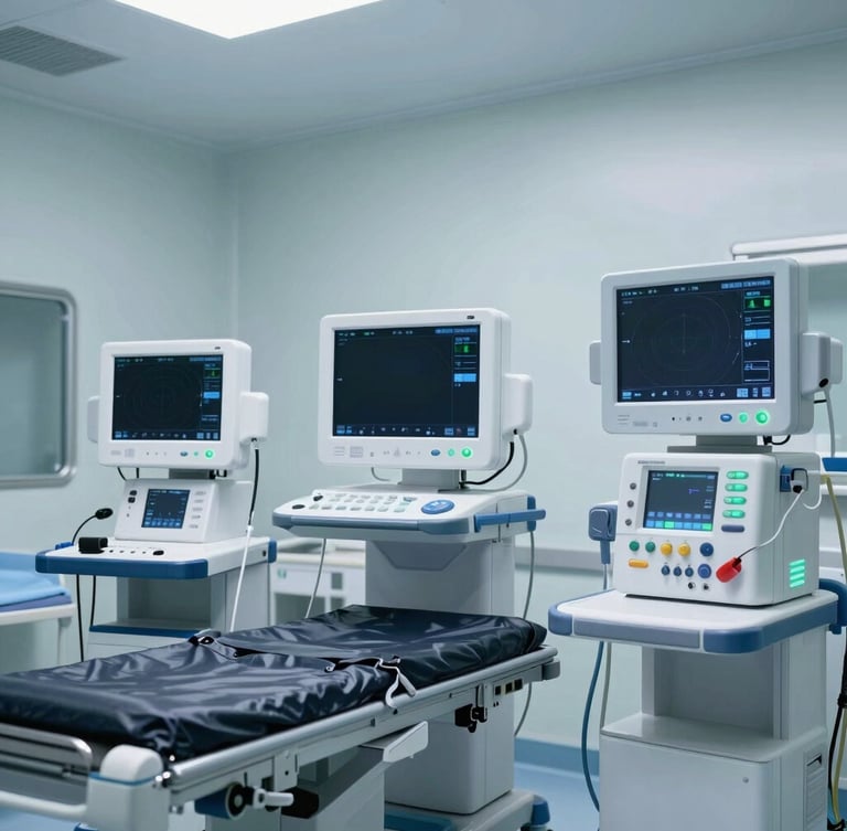 Crisp clinical photography of a sterile modern ICU room in Saudi Arabia, high-end medical monitors and ventilators, cool blue and platinum silver lighting, sharp focus, professional medical environment