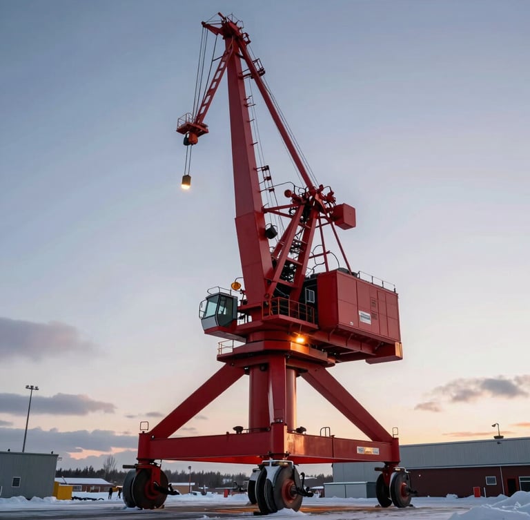 A massive industrial crawler crane shot from a low angle against a soft, diffused Scandinavian winter sky, warm ambient amber lights reflecting off the deep red steel joints.