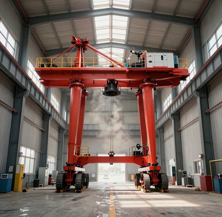 Symmetrical wide-angle shot of a massive red crawler crane in a clean, organized industrial warehouse, soft natural light streaming from high windows, dust motes visible in the air.