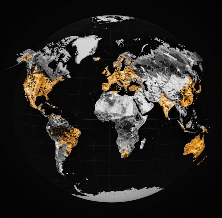 High-contrast digital rendering of a wireframe planetary map, orthographic projection, with tactical amber data overlays, deep charcoal background.