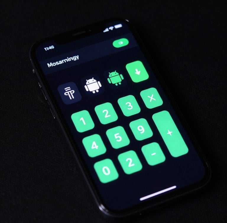 Overhead flat-lay of an Android phone displaying a crisp vector calculator interface with high-contrast neon green indicators on a deep black screen, digital studio lighting.