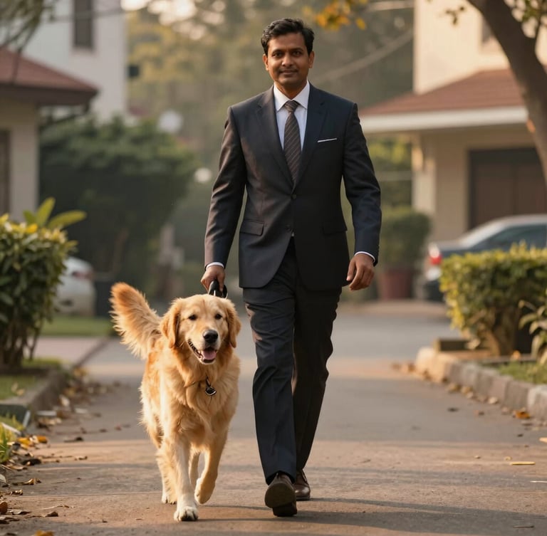 A professional, neatly dressed Indian dog walker walking a happy Golden Retriever on a leash in an upscale Mumbai neighborhood, warm golden-hour natural light, shallow depth of field, 35mm editorial photography.