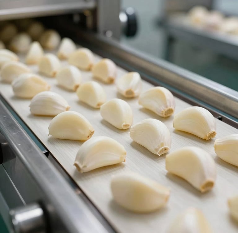 Close-up of sanitized, peeled garlic cloves on a stainless steel conveyor belt in a bright, modern food processing facility
