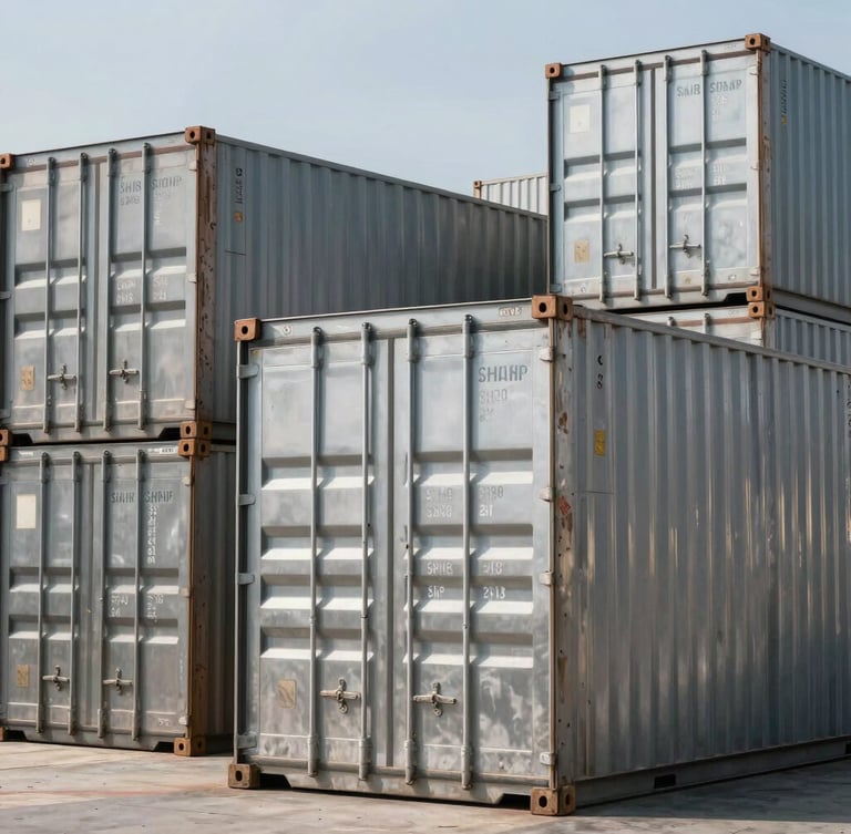 Sharp macro-style close-up of organized stainless steel cargo containers in a pristine warehouse bay, bright daylight.