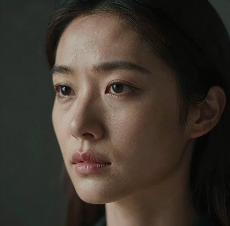 Extreme close-up portrait of a woman in low-key side lighting, unretouched skin, thoughtful expression, dark background