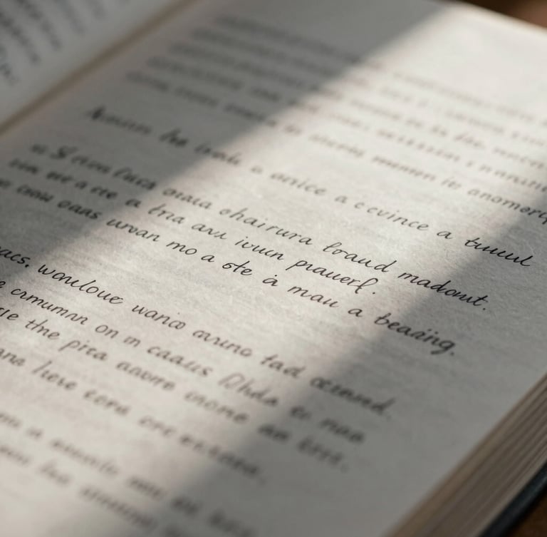Extreme close-up of an annotated script page, handwritten dramaturgical notes in the margins, dramatic side-light casting soft shadows across the paper.