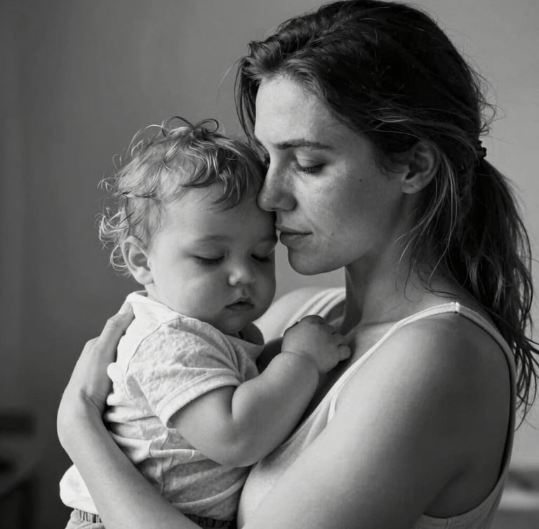 Intimate, unretouched black and white portrait of Anna Sovák holding her child close, soft natural side-light highlighting expressions of warmth and exhaustion, quiet-luxury editorial style