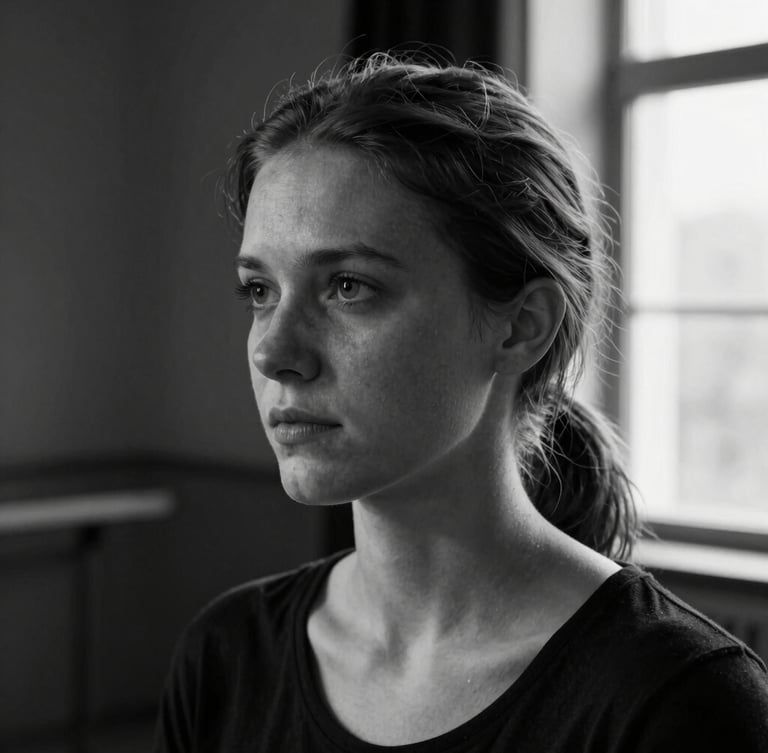 Raw, high-contrast black and white close-up portrait of Anna Sovák, natural side-light from a rehearsal room window, unretouched, thoughtful expression, dark background