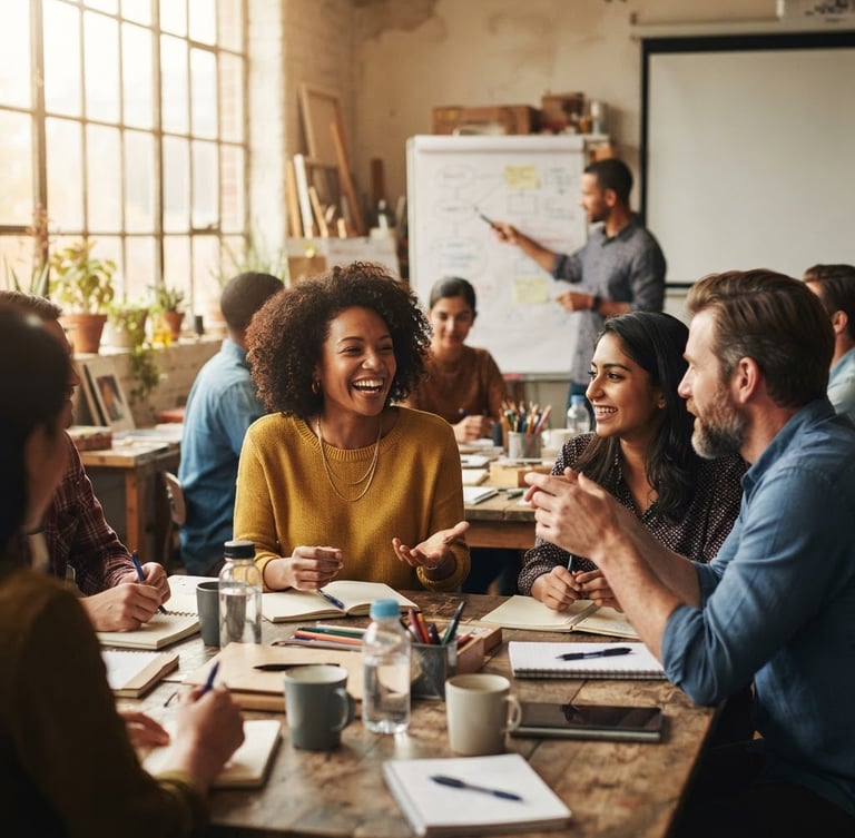 Diverse group of people engaged in active discussion during a training workshop, warm natural window light, rich deep tones, shallow depth of field, off-center subject.