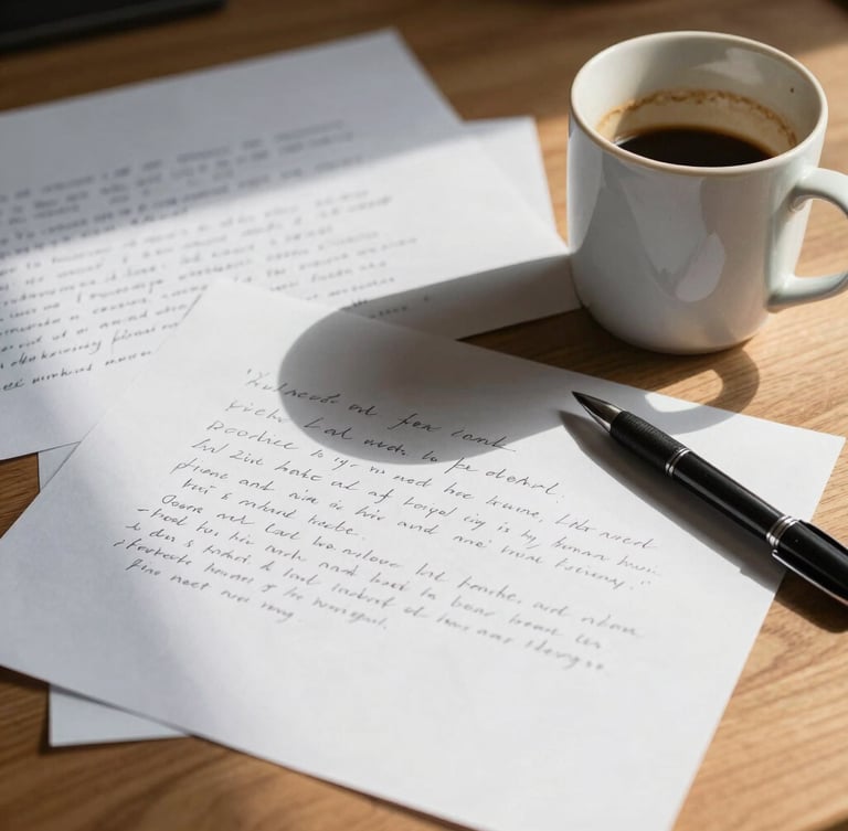 Extreme close-up of a messy wooden desk with handwritten script drafts, a half-empty coffee mug, and a black pen, harsh natural side light casting long shadows, unposed and raw atmosphere