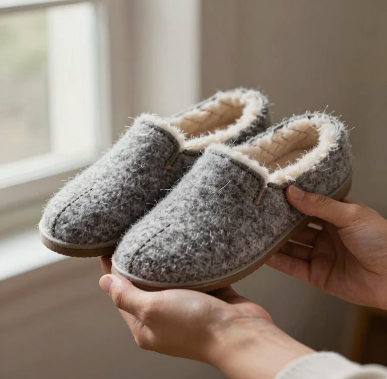 Close-up of hands holding a premium Haflinger wool felt slipper, showing the rich texture of the natural wool and clean stitching, soft side window lighting.