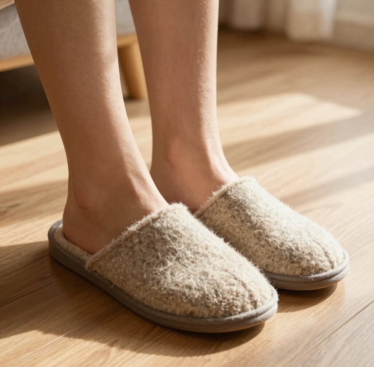 Low-angle shot of feet wearing warm wool-felt slippers resting on a sunlit wooden floor, soft morning light, cozy domestic atmosphere.