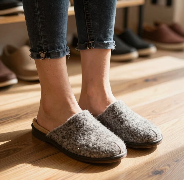 Close-up of a customer trying on a soft wool felt slipper in a warm-toned boutique, natural wooden floors, soft golden hour sunlight.