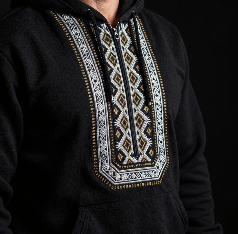 Dramatic side-lit close-up of intricate silver and gold embroidery on a heavy black cotton hoodie, traditional Caucasian geometric patterns, sharp focus on heritage-grade thread, deep obsidian background