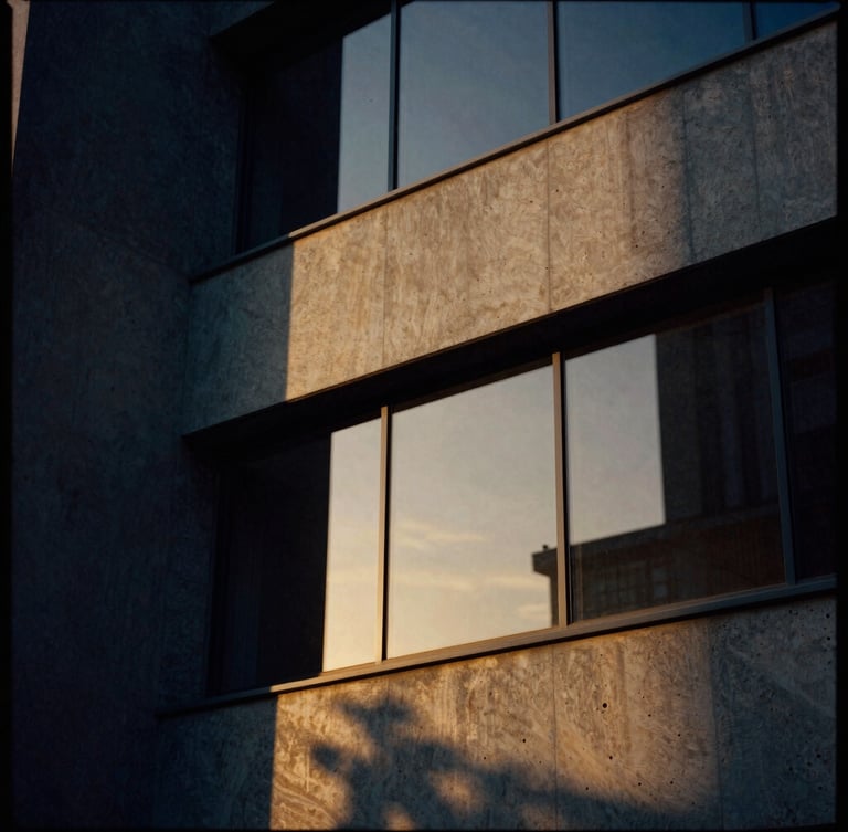 Cinematic editorial photography, dramatic high-contrast lighting, deep navy and warm gold tones, sharp focus, 35mm film grain, macro shot of architectural concrete and glass reflecting golden hour light.