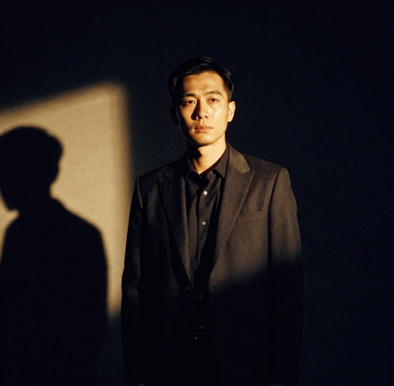 Dramatic high-contrast portrait of an editor in a dark navy studio, warm golden rim light, architectural shadows, cinematic angle, 35mm film grain