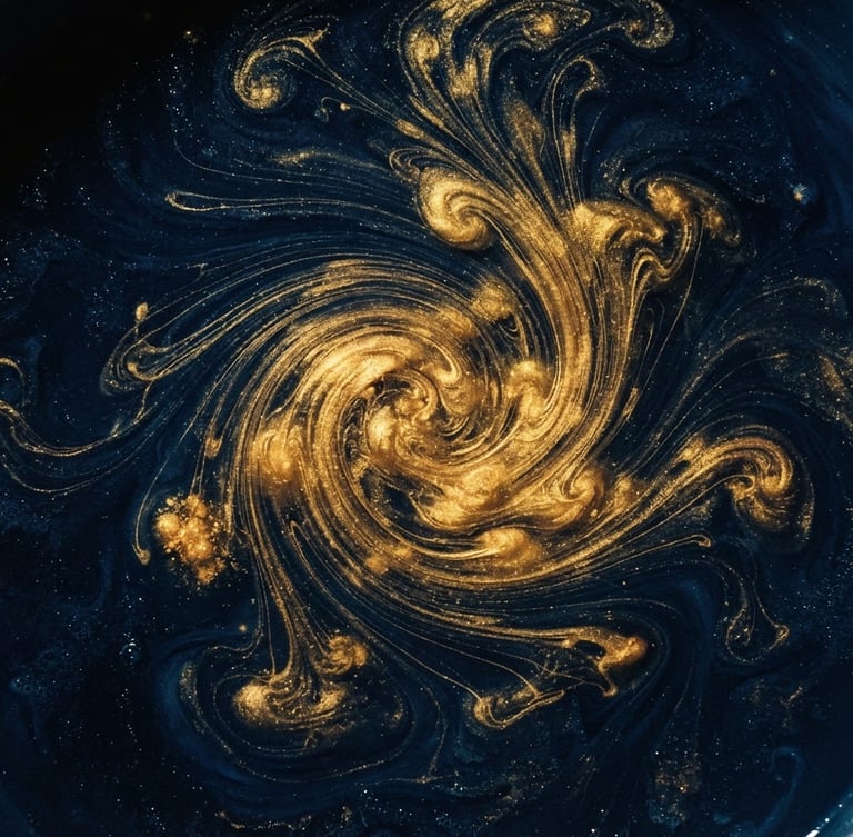 Cinematic editorial photography, dramatic high-contrast lighting, a close-up macro shot of gold ink swirling in deep navy water, sharp focus, 35mm film grain